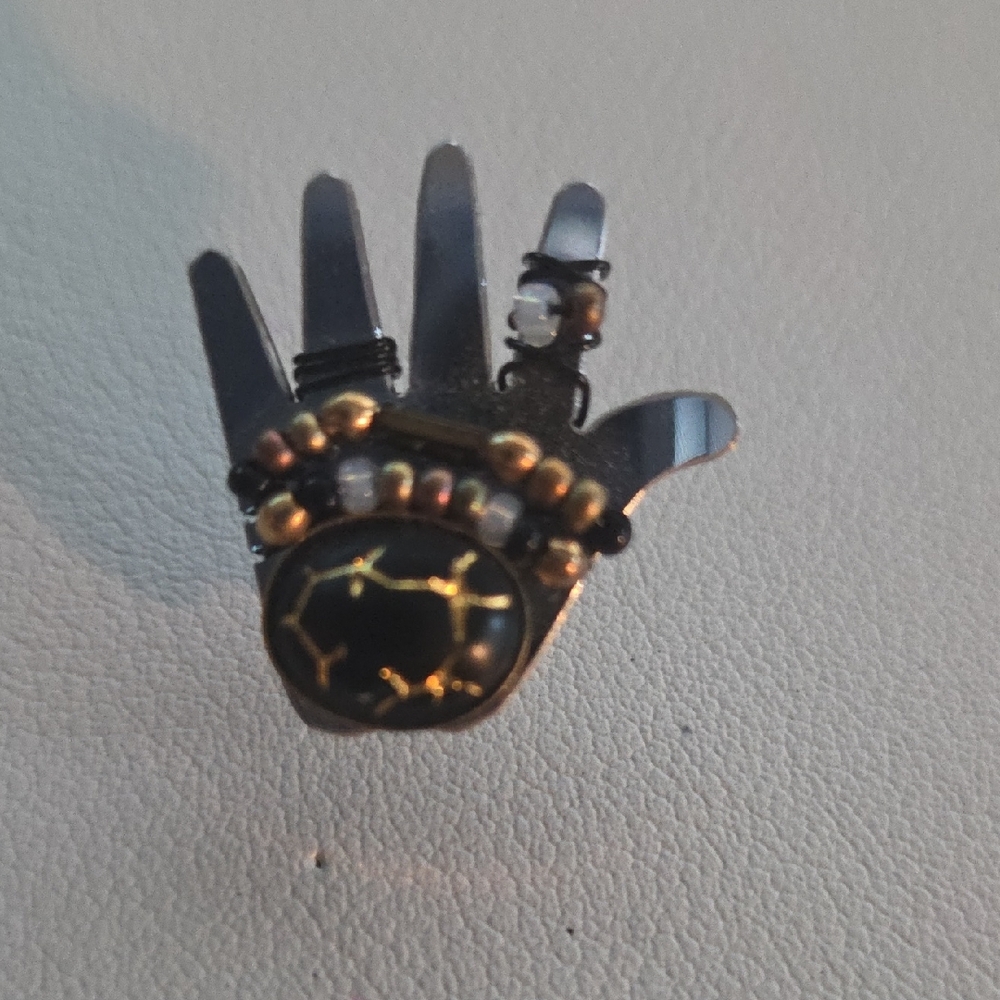 LizTech Artisan Ornate Silver, Gold and Black Hand Brooch / Tie Tack / Lapel Pin